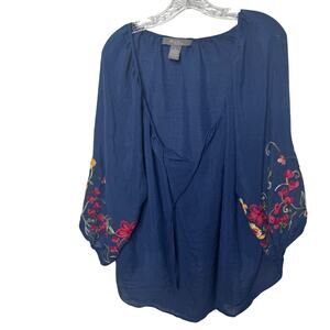Olivia & Martin Embroidered Kimono Sleeve Top 3X Navy Boho Festival Blouse Artsy